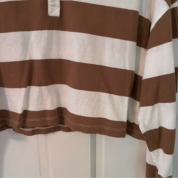 Brown Striped Polo Collar Long Sleeve Cropped Casual Tee - Picture 4 of 7